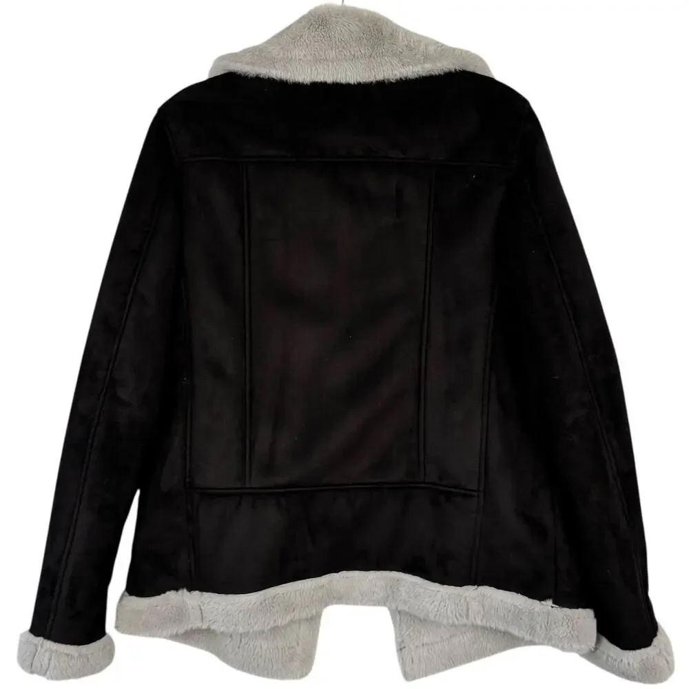 Boohoo Man Black Full Zip Suede Moto Biker Jacket Faux Fur Coat Small Soft Comfy